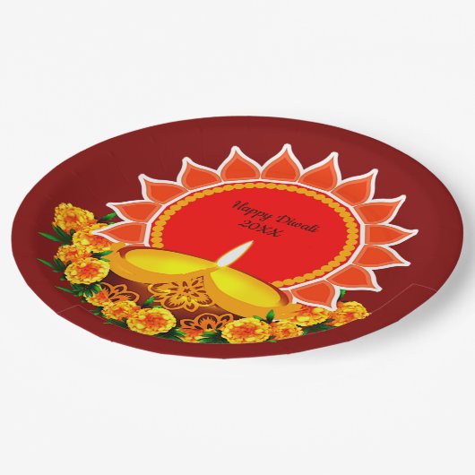 Happy Diwali 20xx Add Year oder Text Marigolds 9" Pappteller (Schrägansicht)