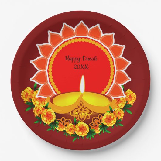 Happy Diwali 20xx Add Year oder Text Marigolds 9" Pappteller (Vorderseite)