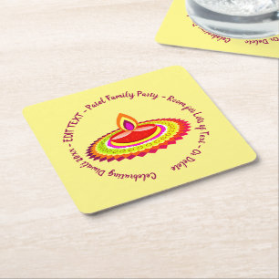 Happy Diwali 20xx Add Year Text Gelb Lila Rechteckiger Pappuntersetzer