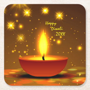 Happy Diwali 20xx Diya Yellow Flame Glitzern Rechteckiger Pappuntersetzer