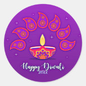 Happy Diwali Add Year 20xx Lila Gelb Rot Runder Aufkleber (Vorderseite)
