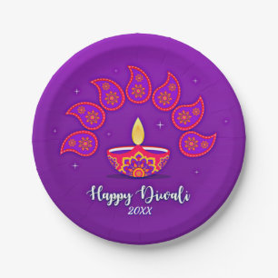 Happy Diwali Add Year 20xx Lila Yellow Red 7" Pappteller