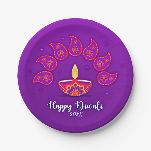 Happy Diwali Add Year 20xx Lila Yellow Red 7" Pappteller (Vorderseite)
