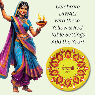 Happy Diwali Add Year Yellow Red 9" Paper Plate Pappteller
