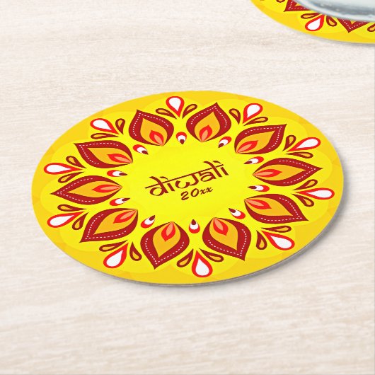 Happy Diwali Add Year Yellow Red Runder Pappuntersetzer (Angewinkelt)