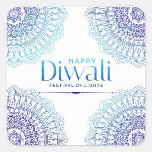 Happy Diwali Blue White Mandala Festival of Light Quadratischer Aufkleber
