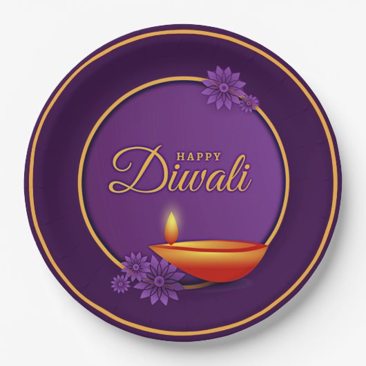 Happy Diwali Diya Candle Lila Gold Pappteller (Vorderseite)
