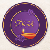 Happy Diwali Diya Candle Lila Gold Runder Pappuntersetzer (Vorderseite)