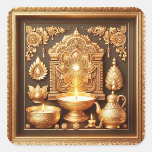 Happy Diwali Diya Festival of Light Floral Gold Quadratischer Aufkleber (Vorderseite)