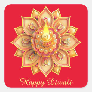 Happy Diwali Diya Festival of Light Gold Red Quadratischer Aufkleber