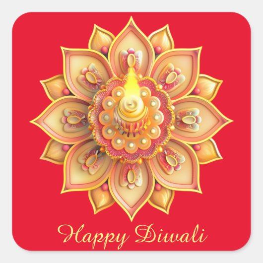 Happy Diwali Diya Festival of Light Gold Red Quadratischer Aufkleber (Vorderseite)