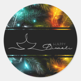 Happy Diwali Feder und Lichter Runder Aufkleber