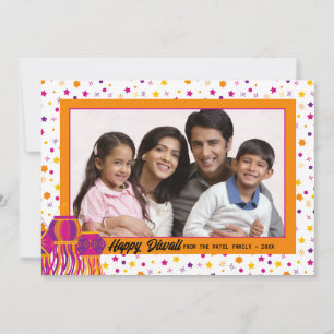 Happy Diwali Foto Farbenfroh Rosa Lila Laterne Feiertagskarte