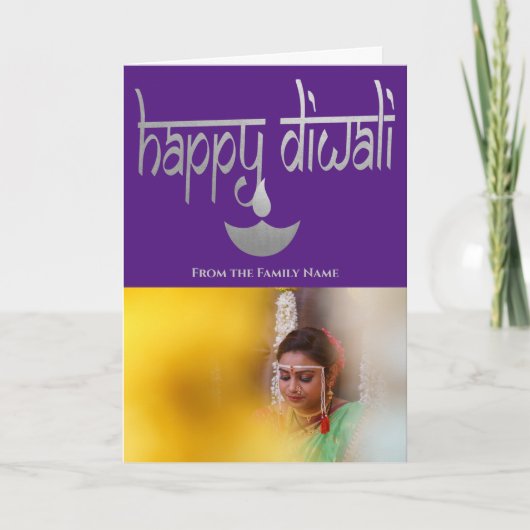 Happy Diwali Foto Personalisiert Lila und Silver Karte (Vorderseite)
