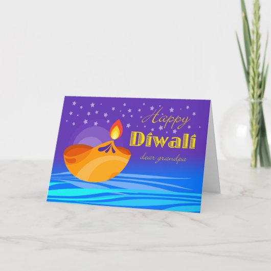 Happy Diwali für Opa, Diya und Sterne Karte (Vorderseite)