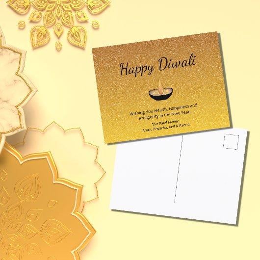 Happy Diwali Glitzer Gold Diya Flame Lamp Postkarte