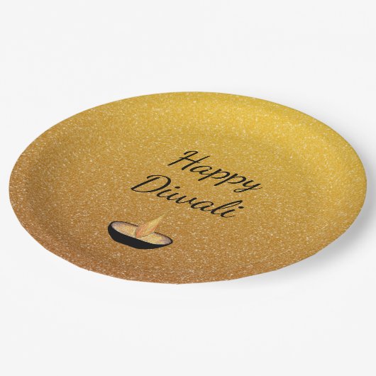 Happy Diwali Gold Glitzer Diya Lamp Flame Pappteller (Schrägansicht)
