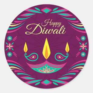 Happy Diwali lila Kerze flache Abbildung Runder Aufkleber