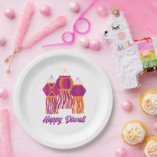 Happy Diwali Lila Pink Yellow Lantern Custom Pappteller (Party)