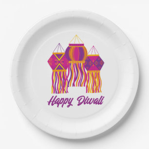 Happy Diwali Lila Pink Yellow Lantern Custom Pappteller