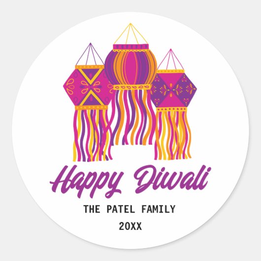 Happy Diwali Lila Pink Yellow Lantern Custom Runder Aufkleber (Vorderseite)