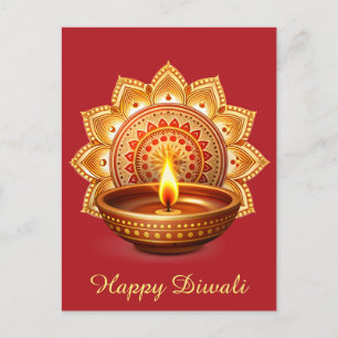 Happy Diwali Mandala Diya Festival of Light Red Feiertagspostkarte