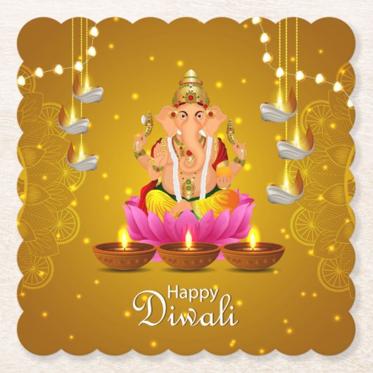 Happy Diwali mit Diya, Rangoli und Ganesh Untersetzer (Vorderseite)
