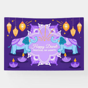 Happy Diwali mit Elefanten, Rangoli und Diya Banner