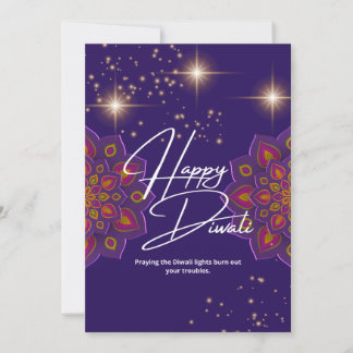 Happy Diwali mit Licht und violettem Hintergrund Feiertagskarte