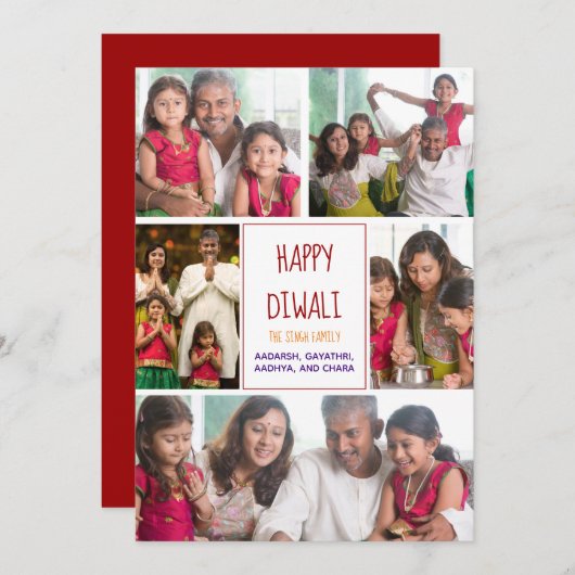 Happy Diwali Modern Foto Collage Red Holiday Card (Vorne/Hinten)