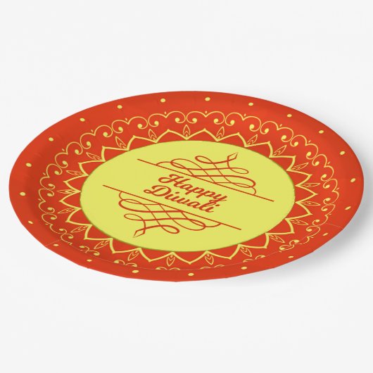 Happy Diwali Orange Cream Mandala Modern 9" Pappteller (Schrägansicht)