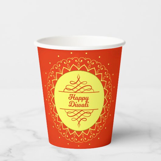 Happy Diwali Orange Cream Mandala Modern Pappbecher (Vorderseite)