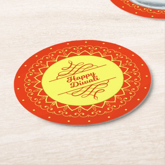 Happy Diwali Orange Cream Mandala Modern Runder Pappuntersetzer (Angewinkelt)