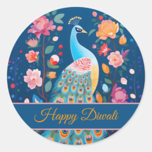 Happy Diwali Peacock & Blume Runder Aufkleber
