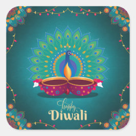 Happy Diwali Peacock Diya Festival des Himmels Quadratischer Aufkleber