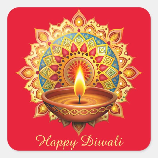 Happy Diwali Rangoli Diya Festival of Light Red Quadratischer Aufkleber (Vorderseite)