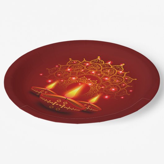 Happy Diwali Red Gold Sparkle Mandala Diya Candles Pappteller (Schrägansicht)