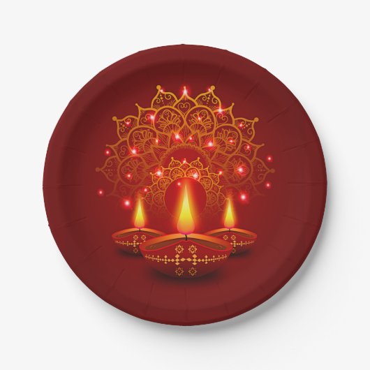 Happy Diwali Red Gold Sparkle Mandala Diya Candles Pappteller (Vorderseite)