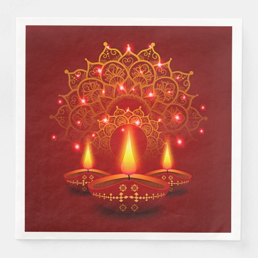 Happy Diwali Red Gold Sparkle Mandala Diya Candles Serviette (Vorderseite)