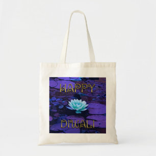 Happy Diwali Typografie Lila Floral Lotus Blume Tragetasche