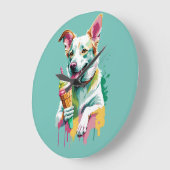 Happy Dog eating an ice-cream Große Wanduhr (Winkel)