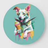 Happy Dog eating an ice-cream Große Wanduhr (Vorderseite)