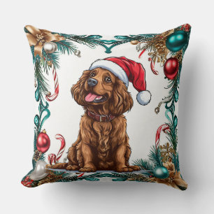 Happy Dog in der Weihnachtsmannmütze feiert Weihna Kissen