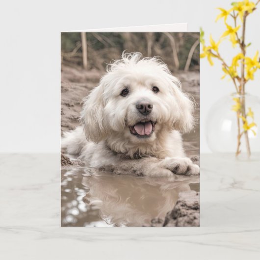 Happy Dog in Mud Puddle Karte (Gelbe Blume)