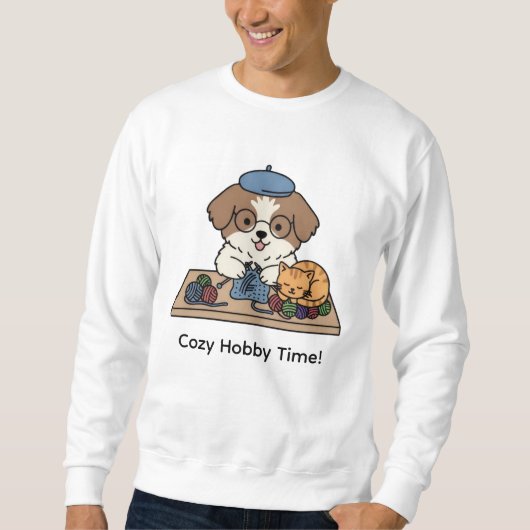 Happy Dog Knitting Cozy Hobby Time Graphic Sweatshirt (Vorderseite)