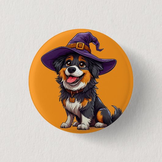 Happy Dog mit einem Hexenhut tragen Button (Vorderseite)