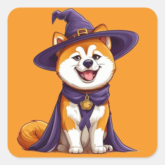 Happy Dog mit einem Hexenhut tragen Quadratischer Aufkleber (Vorderseite)