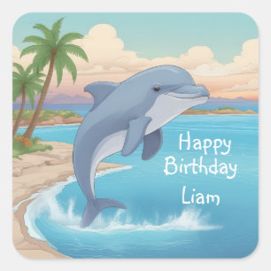 Happy Dolphin Birthday Quadratischer Aufkleber