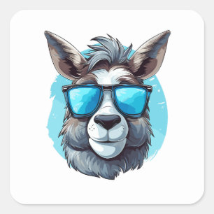 Happy Donkey mit Sonnenbrille auf blauem Hintergru Quadratischer Aufkleber