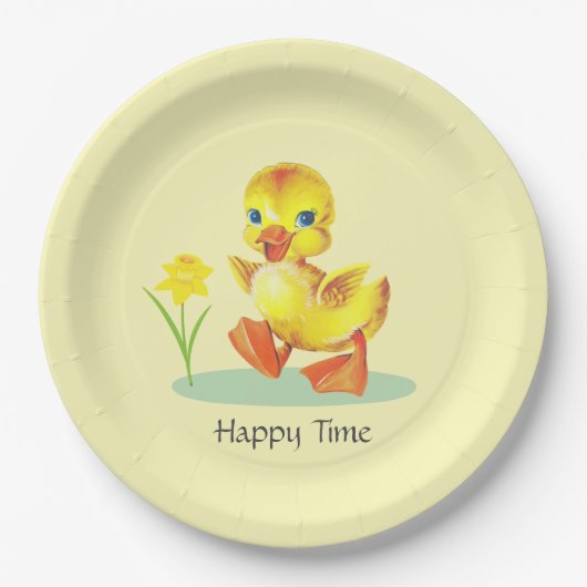 Happy Duckling auf hellgelben Party-Papierplatten Pappteller (Vorderseite)